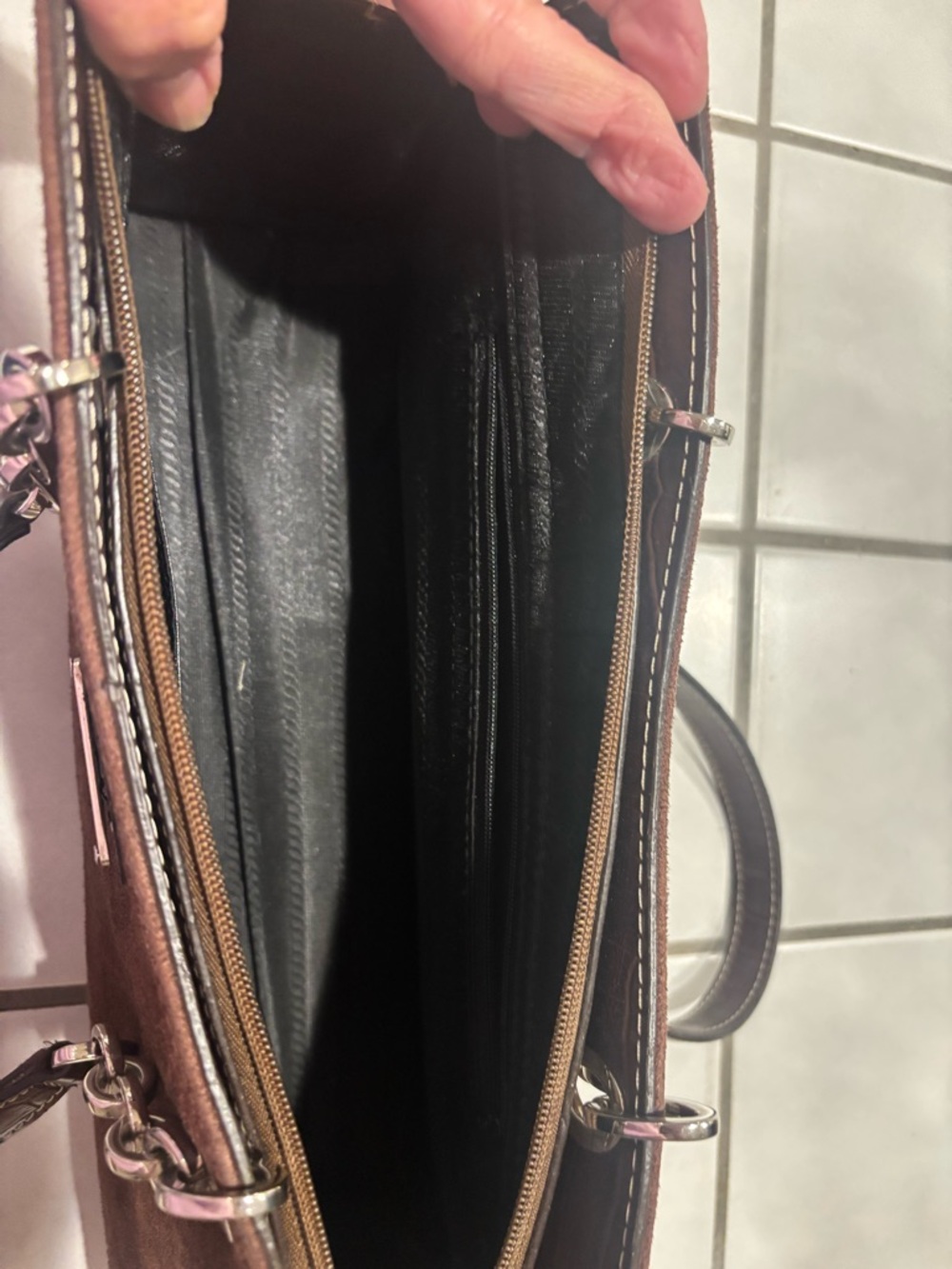 Prada Milano Faux Dark Brown Suede Shoulder Bag with Silver Chain Straps - Picture 5 of 6